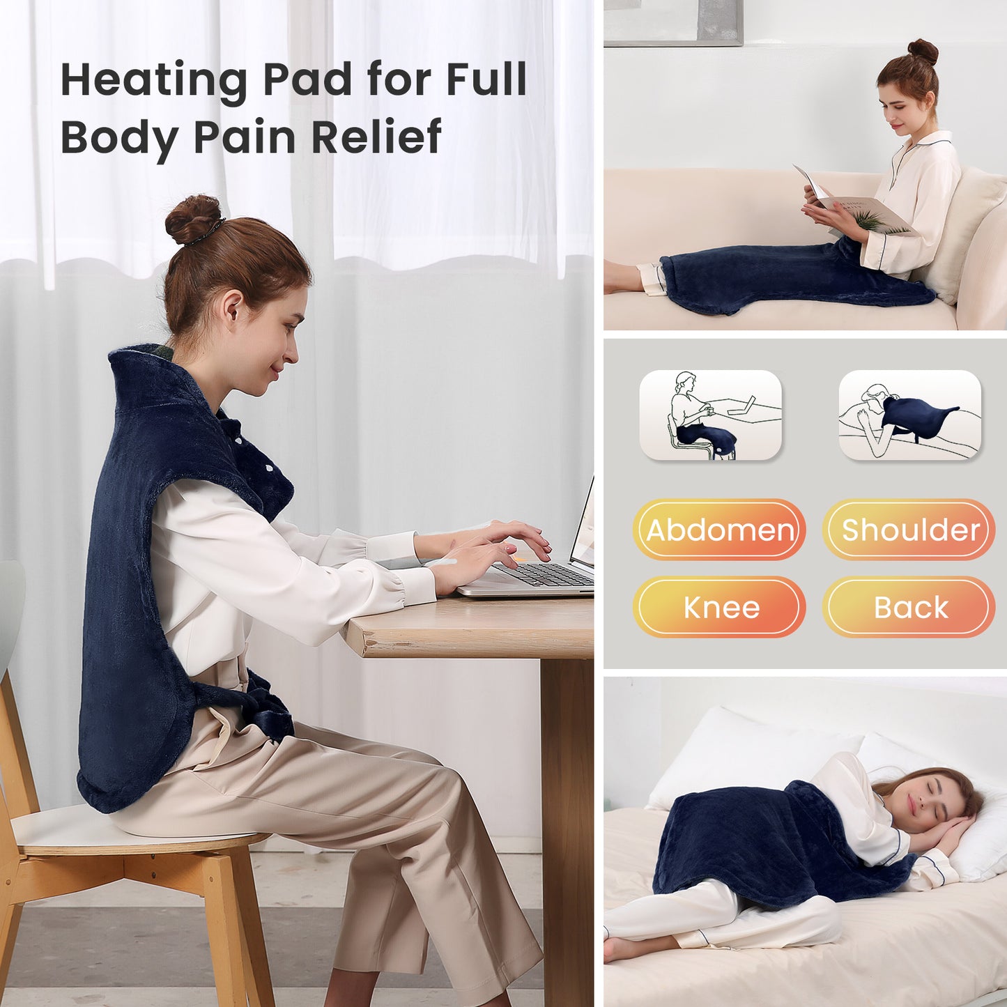MaxKare Large Heating Pad with Massager, 24"x33" Electric Massaging Heating Pad for Full Body with 3 Heat Settings 3 Massage Modes - Navy Blue