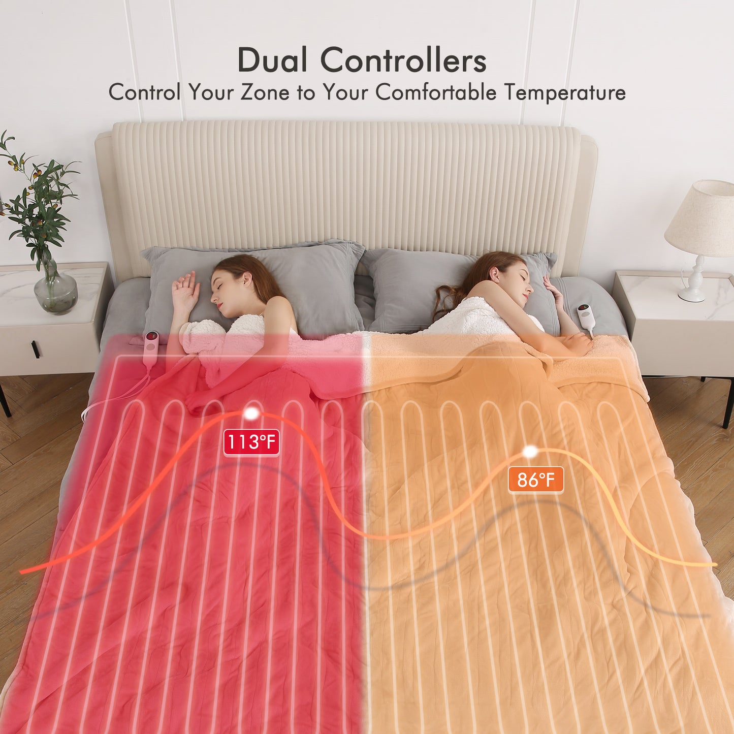 MARNUR Electric Heated Blanket Queen Size 84"x90", Fast Heating with 2 Separate Controllers, 6 Heating Levels, 8H Auto-off, Machine Washable - Beige