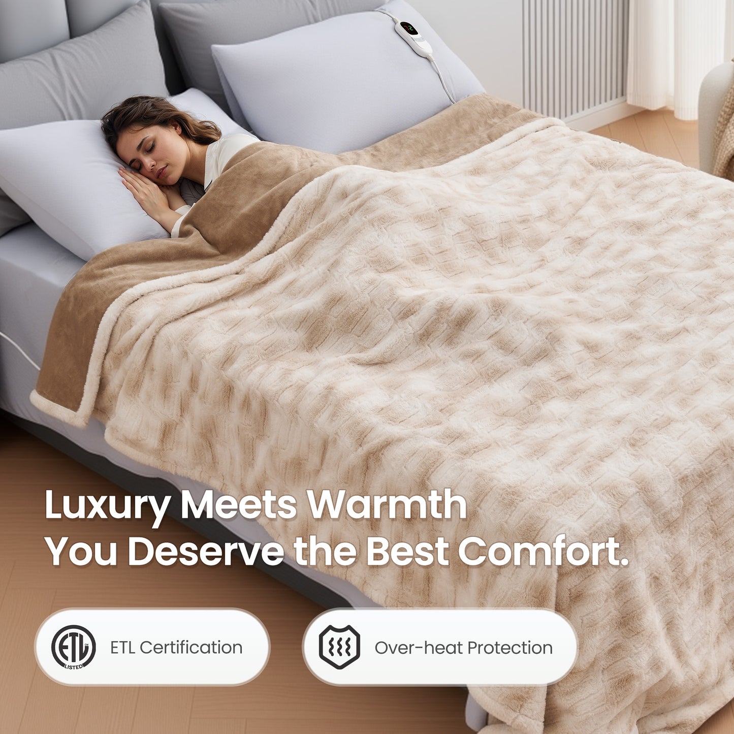 MARNUR Electric Blanket Faux Fur King Size 90"x100", Fast Heating with Dual Controllers,10 Heating Levels, 10 Hours Timer, Khaki