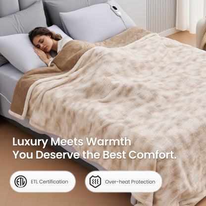 MARNUR Electric Blanket Faux Fur King Size 90"x100", Fast Heating with Dual Controllers,10 Heating Levels, 10 Hours Timer, Khaki