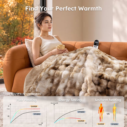 MARNUR Heated Bubble Fleece Electric Throw with 4H Timer 6 Heating Levels 50"×60", Long Faux Fur and Soft Flannel for Couch Bed, Machine Washable, Tie-Dye Brown