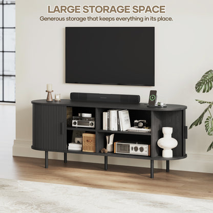 MARNUR 55" TV Stand for 60" TV, Wood Entertainment Center with Storage and Shelves, 2 Sliding Tambour Doors, Mid-Century Modern, Black