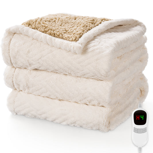 Beige electric blanket with digital controller on a white background