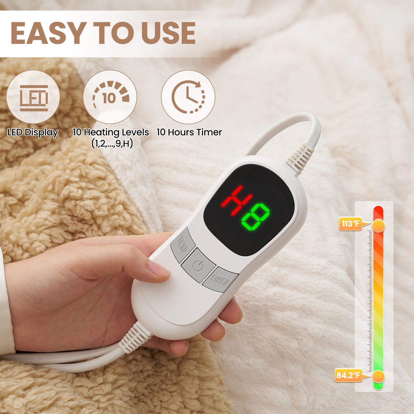 MARNUR Electric Heated Blanket Full Size, Jacquard Faux Fur & Sherpa, 10H Timer, 10 Heat Levels, Machine Washable, 72"x84", White