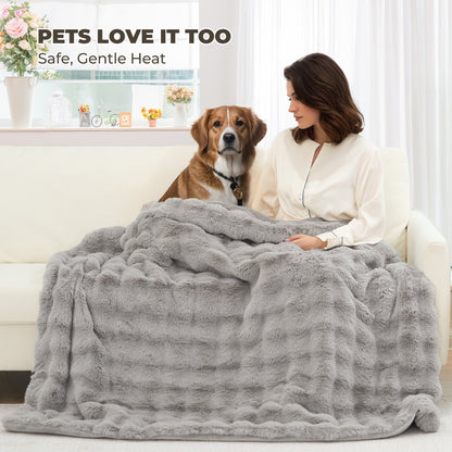 MARNUR 50"x60" Electric Blanket, Faux Fur Heated Blanket, 6 Heating Levels, 4-Hour Timer, Grey