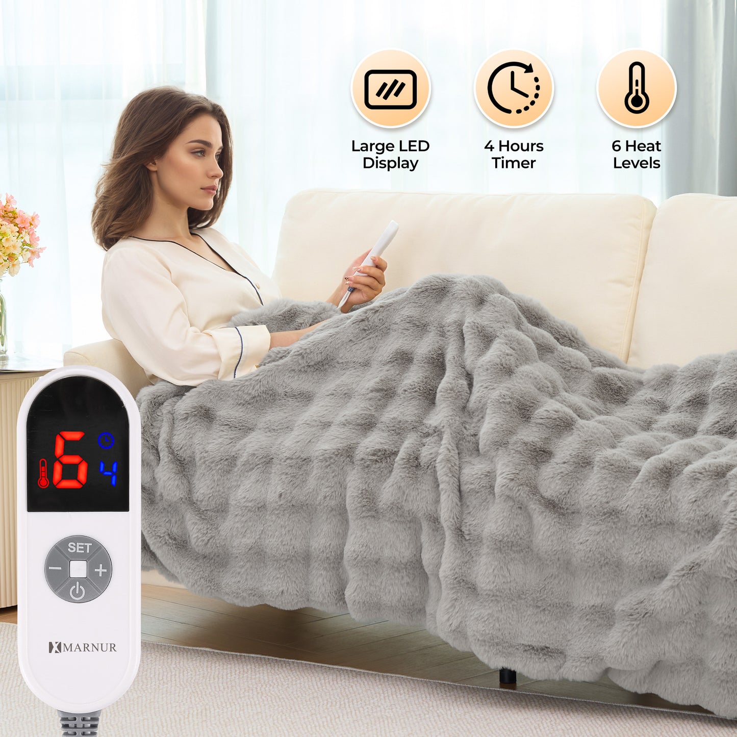 MARNUR Electric Heated Throw 50"x60", Big Bubble Faux Fur, Gray