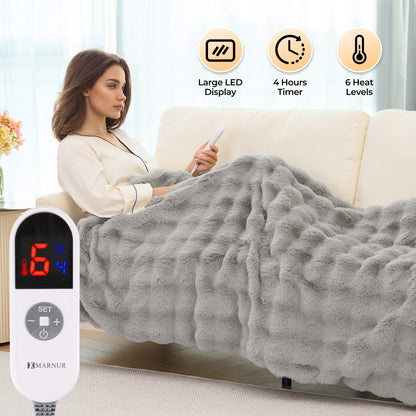 MARNUR Electric Heated Throw 50"x60", Big Bubble Faux Fur, Gray