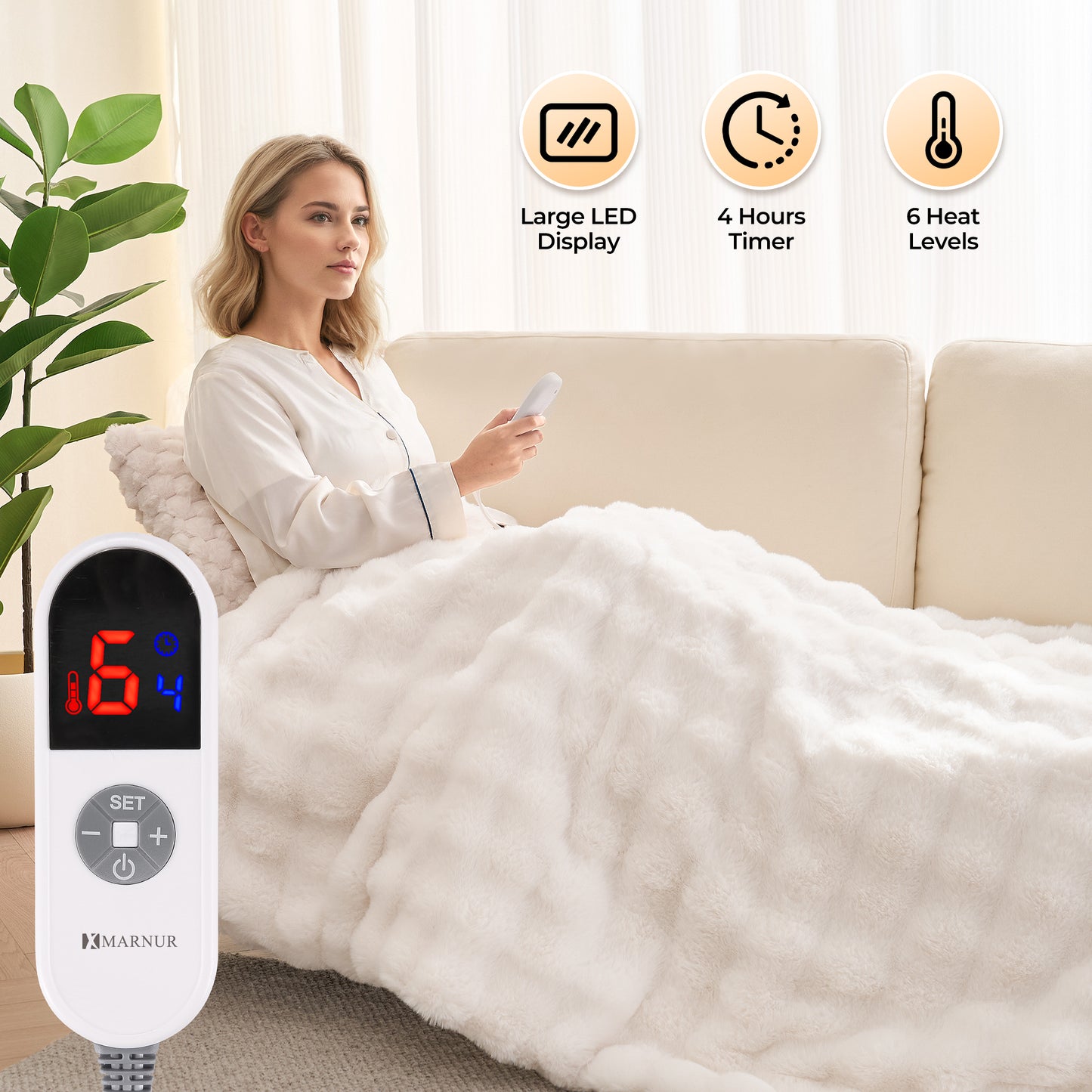 MARNUR 50"x60" Electric Blanket, Faux Fur Heated Blanket, 6 Heating Levels, 4-Hour Timer, White