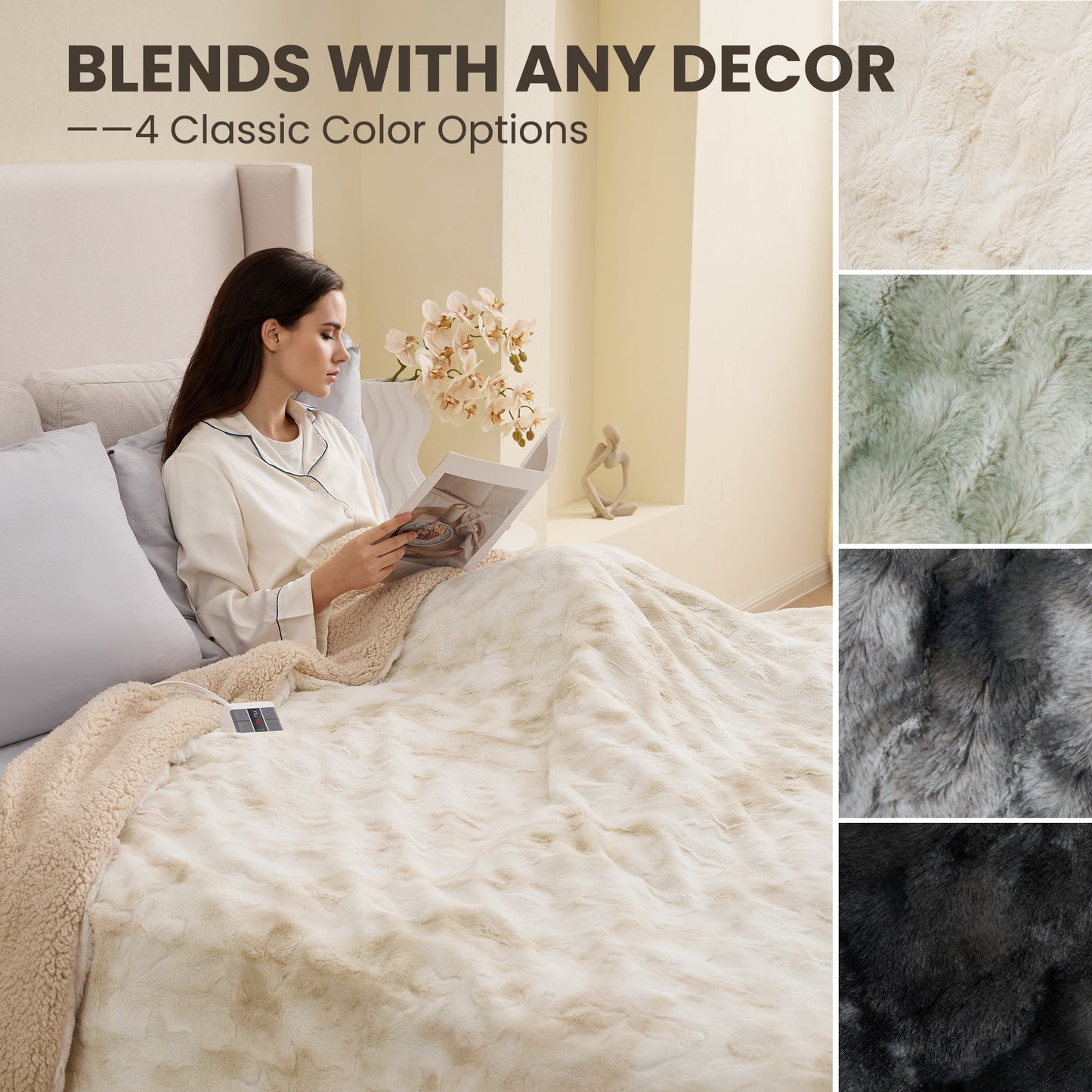 MARNUR Heated Blanket Queen Size, Faux Fur & Sherpa, Dual Controllers, 10 Heat Levels, 10H Timer, 84" x 90", Tie-Dye Off White