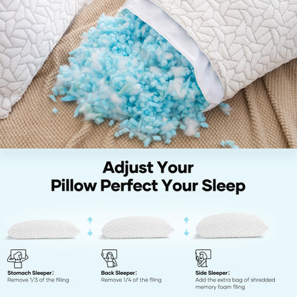 MARNUR Memory Foam Pillows for bed Queen Size, Height Adjustable Cooling Pillows for All Sleepers with Extra Shredded Foam, Dual-Sided Pillow Cover,2-Pack