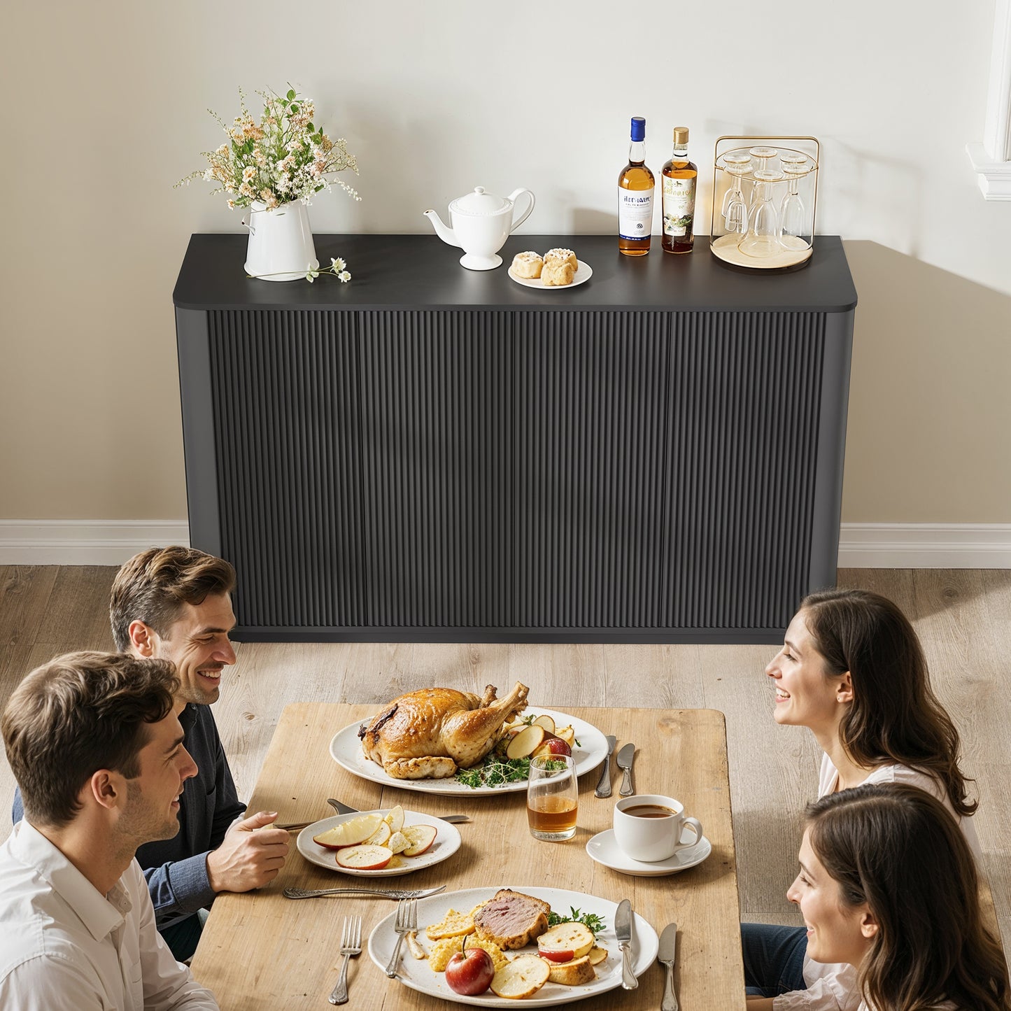 MARNUR Sideboard Buffet Cabinet, Storage Cabinet 55"W with Adjustable Shelves, Anti-Tip, Easy Clean Top, Stylish Wave Style, Black