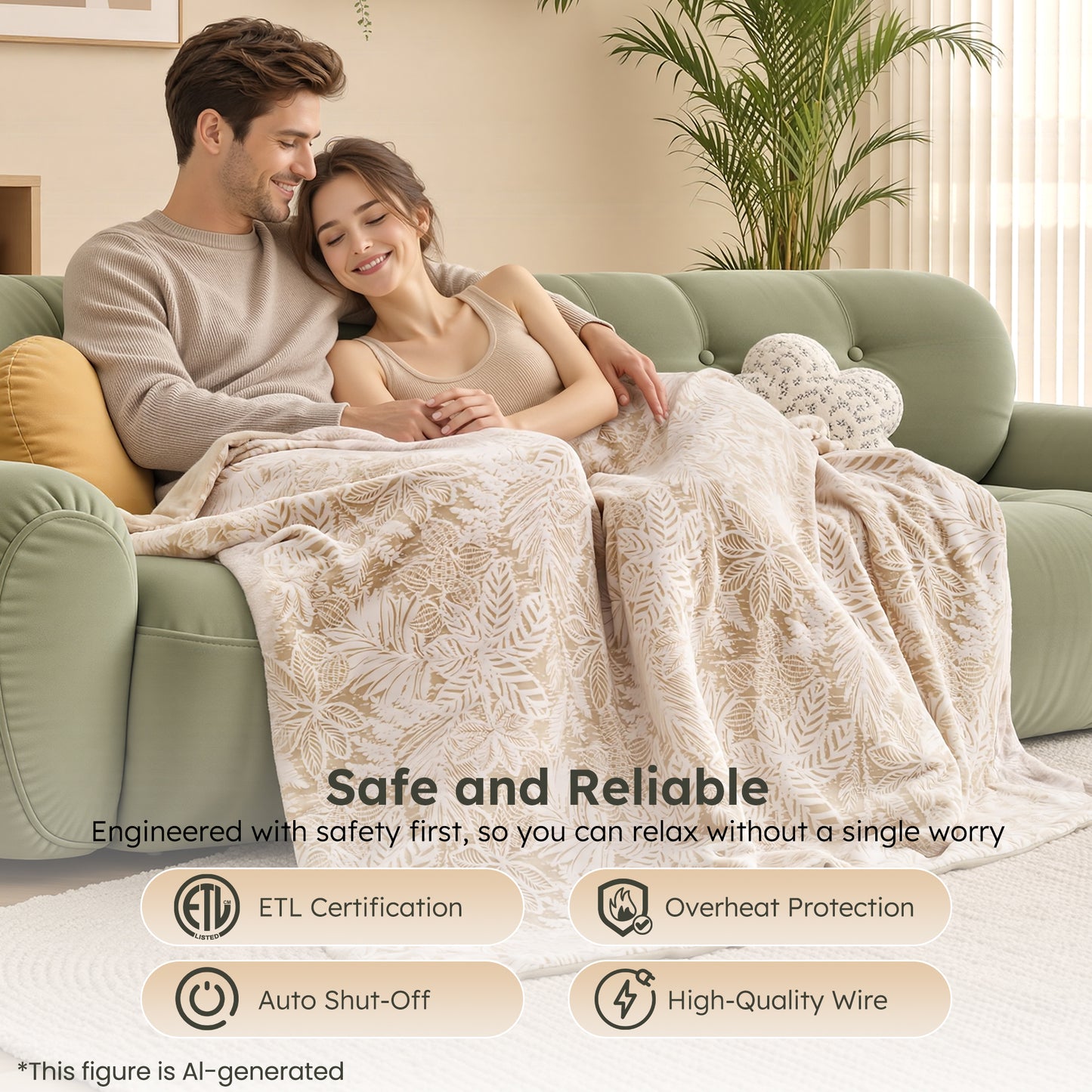 MARUNR Flannel Heated Blanket Electric Throw 50"×60", Irregular Leaf Pattern Heated Throw, 6 Heating Levels and 4H Timer, Machine Washable for Sofa, Office, Home Use, Beige