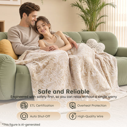 MARUNR Flannel Heated Blanket Electric Throw 50"×60", Irregular Leaf Pattern Heated Throw, 6 Heating Levels and 4H Timer, Machine Washable for Sofa, Office, Home Use, Beige