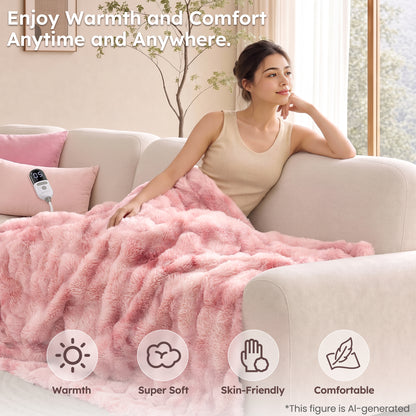 MARNUR Heated Blanket Bubble Fleece Electric Throw with 4H Timer 6 Heating Levels 50"×60", Long Faux Fur and Soft Flannel for Couch Bed, Machine Washable, Tie-Dye Pink