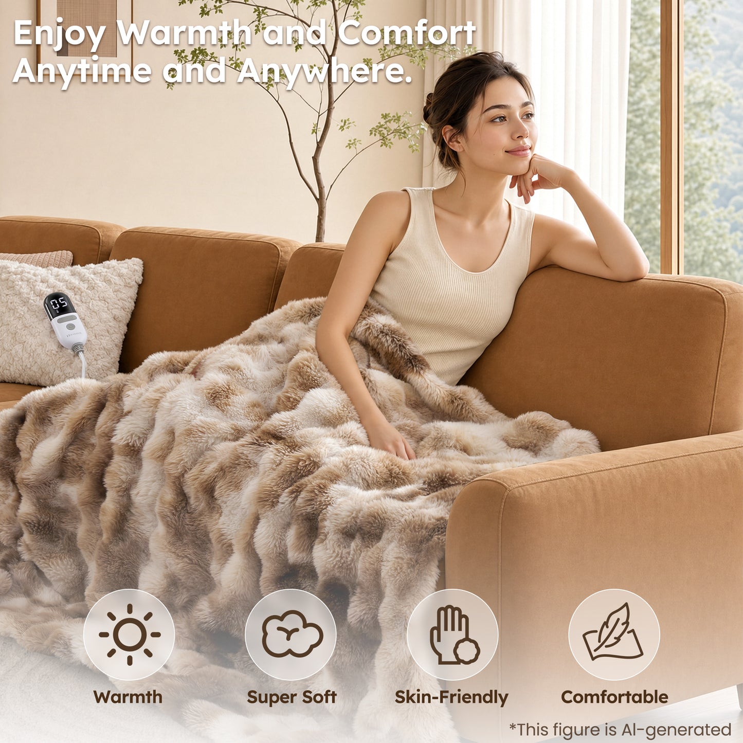 MARNUR Heated Bubble Fleece Electric Throw with 4H Timer 6 Heating Levels 50"×60", Long Faux Fur and Soft Flannel for Couch Bed, Machine Washable, Tie-Dye Brown