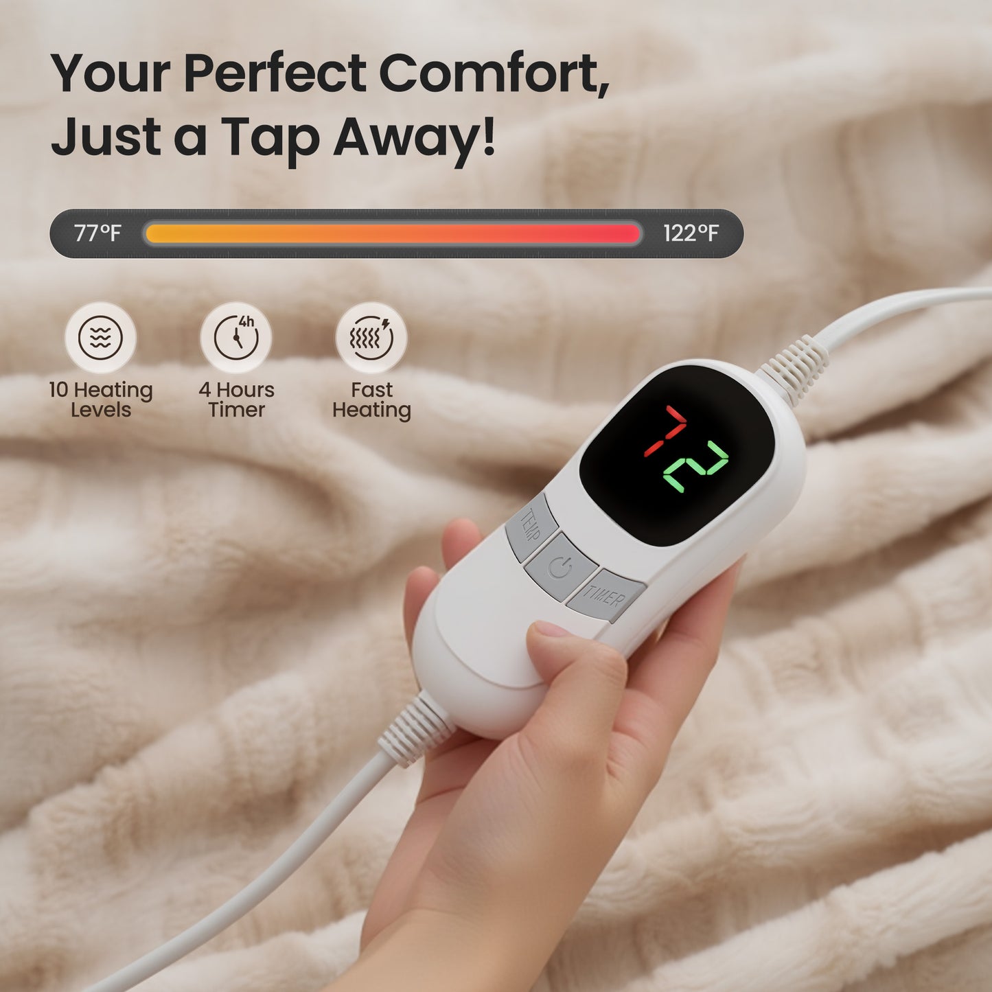 MARNUR Electric Blanket Heated Throw Extra Large Size 50"x72", Soft Faux Fur Heated Blanket with 10 Heating Levels, 4 Hours Timer, ETL Certification, Khaki