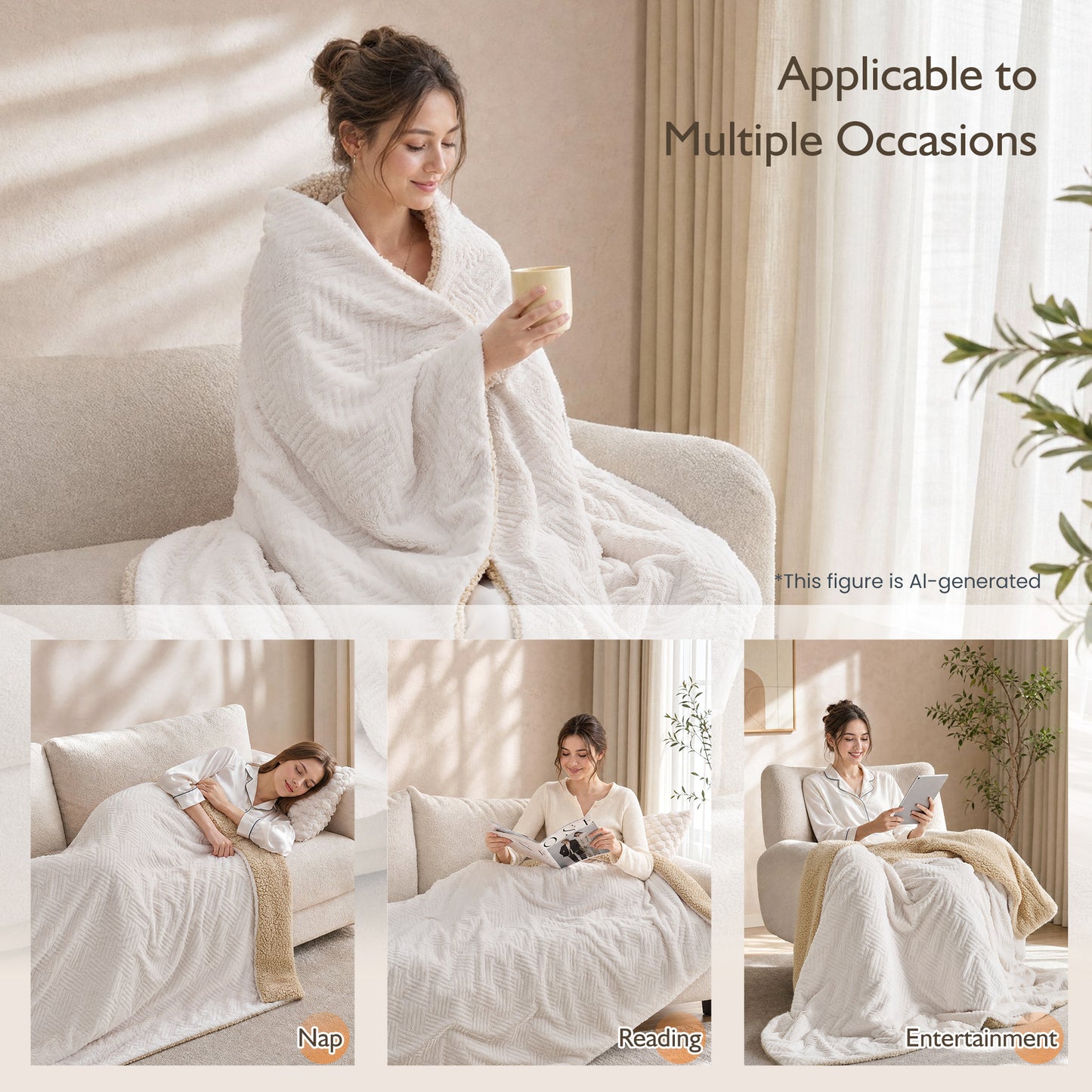 MARNUR Heated Blanket Extra-Large Electric Throw, White Jacquard Faux Fur and Sherpa, Machine Washable Heated Throw Blanket, 4H Timer & 10 Heat Levels, for home, Sofa, Office, 50"x 72"