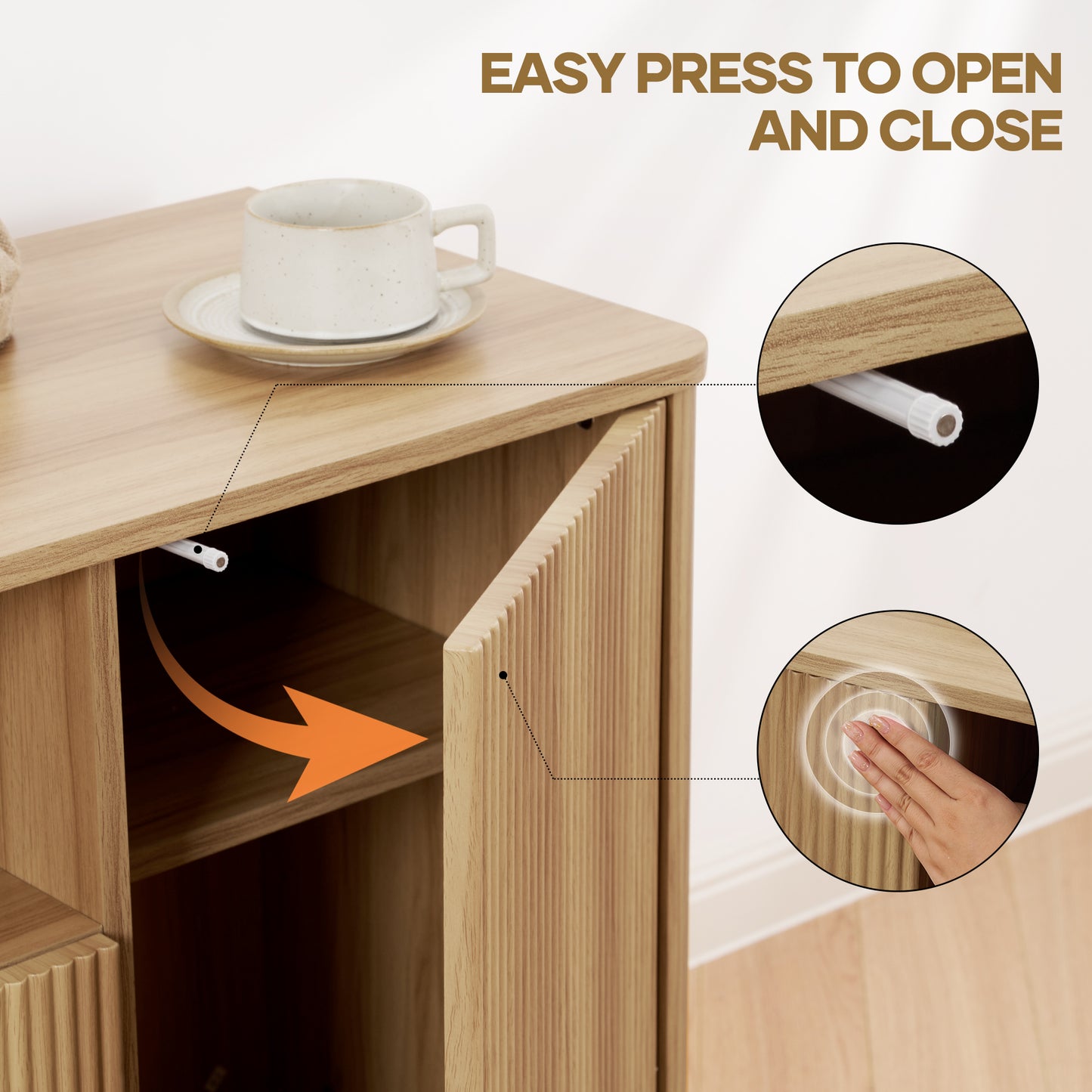 MARNUR Fluted TV Stand for TVs up to 65", 55" Modern Media Console with 3-Sided Fluted Design, Push-to-Open Doors for Living Room, Oak