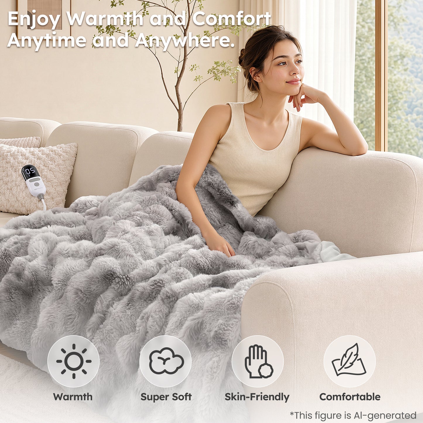 MARNUR Heated Bubble Fleece Electric Throw with 4H Timer 6 Heating Levels 50"×60", Long Faux Fur and Soft Flannel for Couch Bed, Machine Washable, Tie-Dye Gray