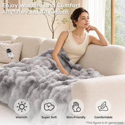 MARNUR Heated Bubble Fleece Electric Throw with 4H Timer 6 Heating Levels 50"×60", Long Faux Fur and Soft Flannel for Couch Bed, Machine Washable, Tie-Dye Gray