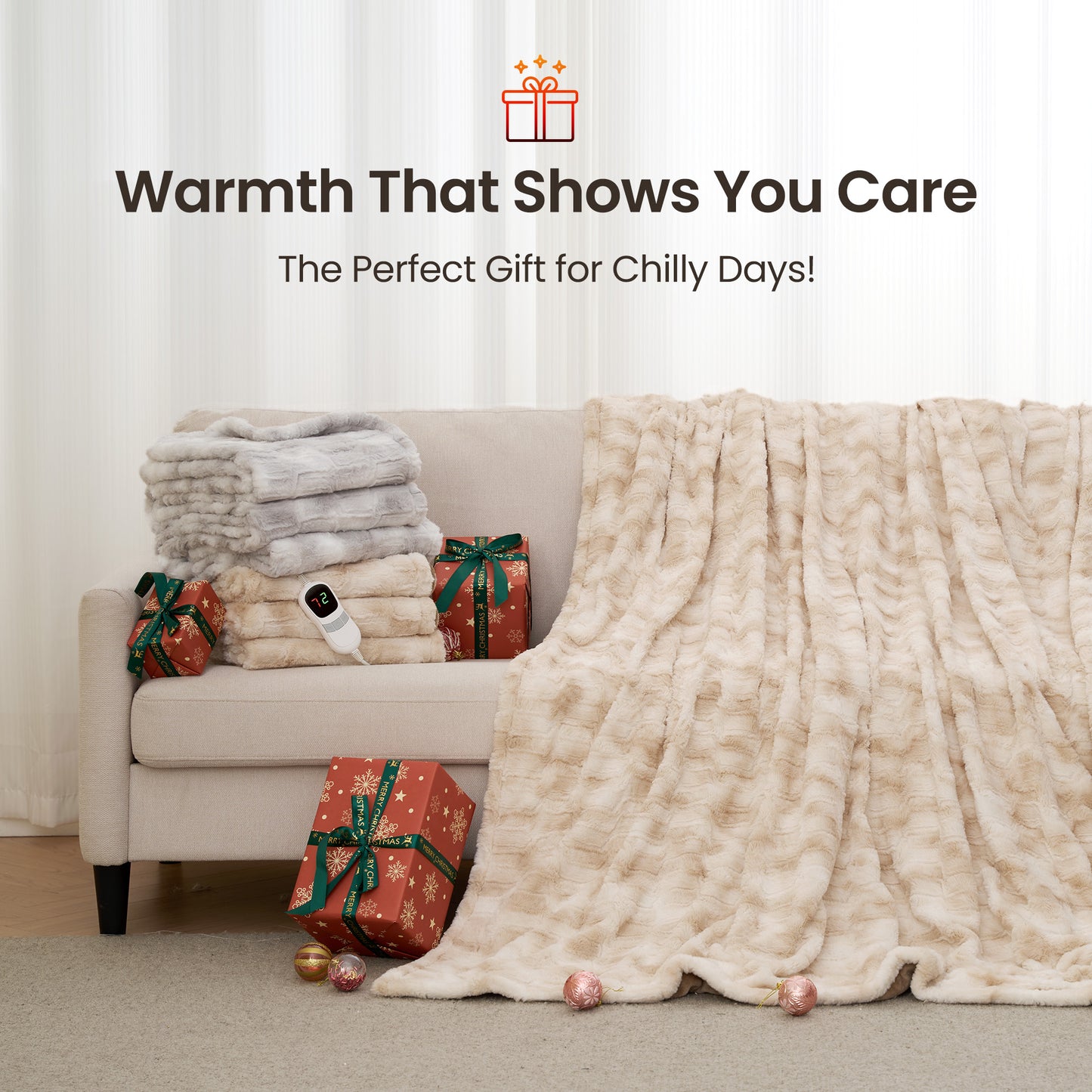 MARNUR Electric Heated Blanket Full Size, Faux Fur,10 Heating Levels, 10 Hours Timer, Machine Washable, 72"x84", Khaki