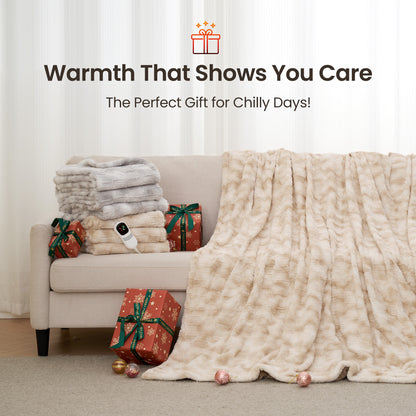 MARNUR Electric Heated Blanket Full Size, Faux Fur,10 Heating Levels, 10 Hours Timer, Machine Washable, 72"x84", Khaki