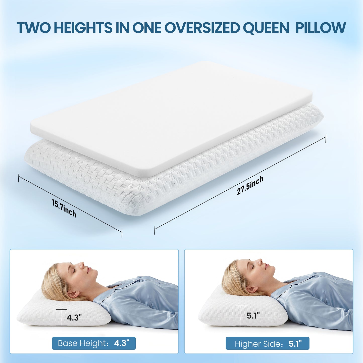 MARNUR Memory Foam Pillow for Bed, Cooling Pillow with Extra Height Pad, Cervical Neck Support Bed Pillow for Side, Back & Stomach Sleepers, Queen Size