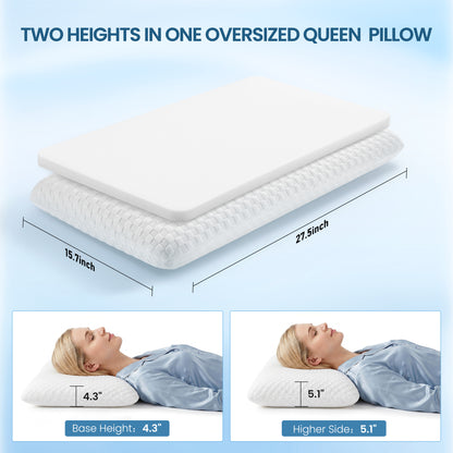 MARNUR Memory Foam Pillow for Bed, Cooling Pillow with Extra Height Pad, Cervical Neck Support Bed Pillow for Side, Back & Stomach Sleepers, Queen Size