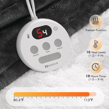 MARNUR Electric Heated Blanket King Size 90''x100'', Fast Heating with Dual Controllers, 10 Heating Levels, 10H Timers, Preheat Function Machine Washable - Dark Gray