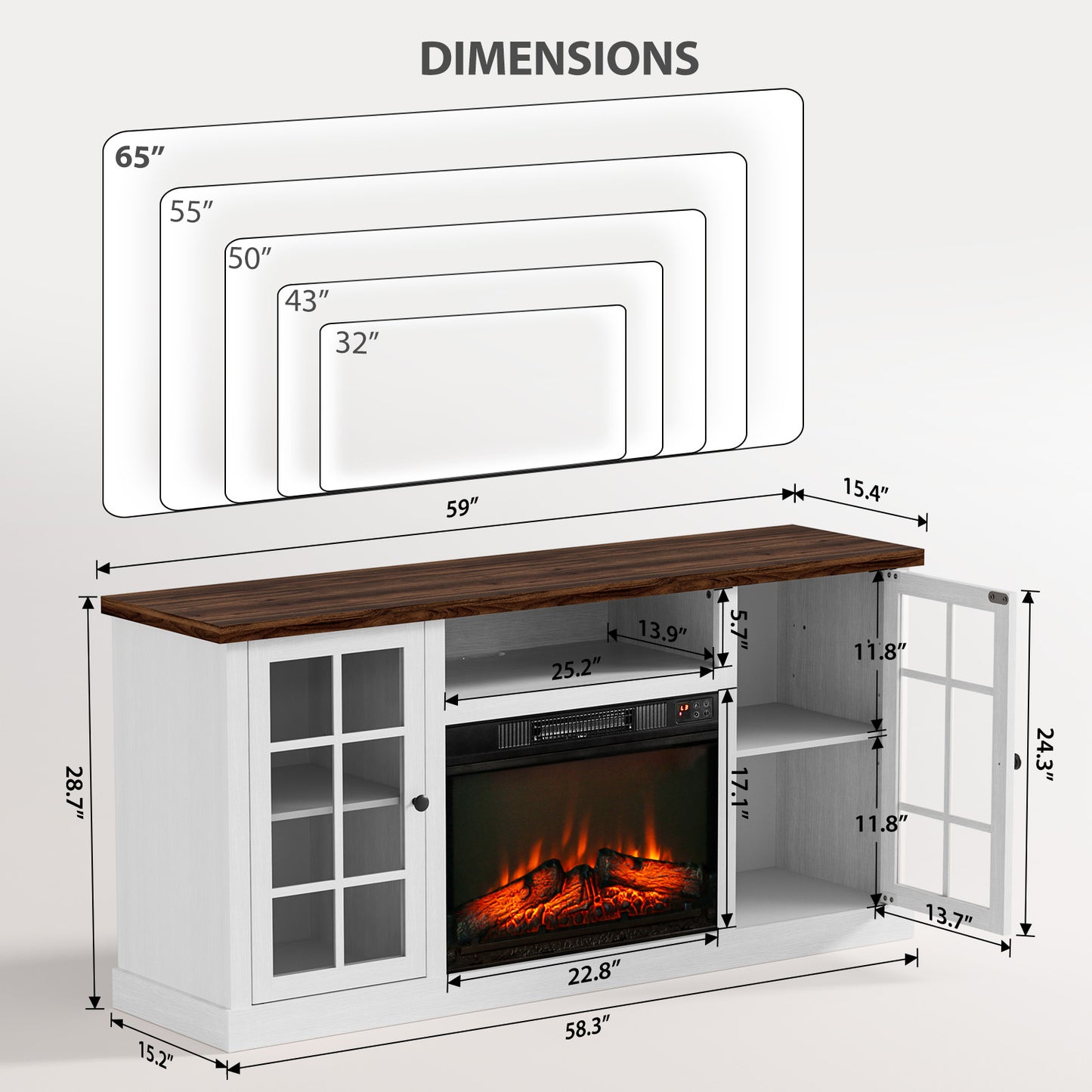 MARNUR Fireplace TV Stand for TVs up to 65", Media Entertainment Center Console Table with Glass Door, Farmhouse, White