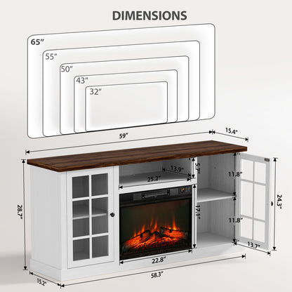 MARNUR Fireplace TV Stand for TVs up to 65", Media Entertainment Center Console Table with Glass Door, Farmhouse, White