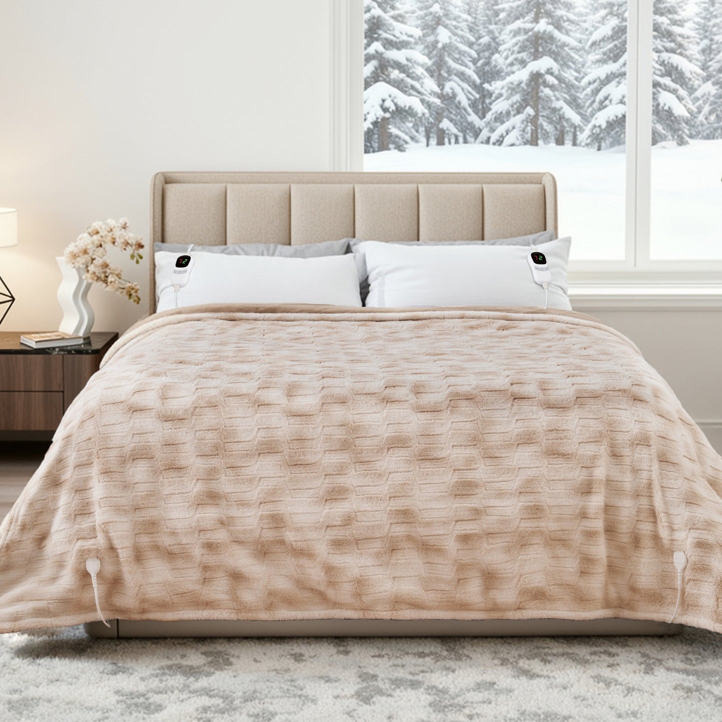 MARNUR Heated Blanket Electric Blankets King 90"x100", Faux Fur, Fast Heating with Dual Controllers,10 Heating Levels, 10 Hours Timer, Khaki