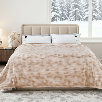 MARNUR Heated Blanket Electric Blankets King 90"x100", Faux Fur, Fast Heating with Dual Controllers,10 Heating Levels, 10 Hours Timer, Khaki