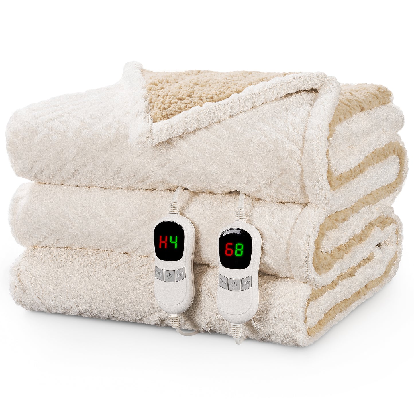 MARNUR Electric Heated Blanket Queen Size, Jacquard Faux Fur & Sherpa, Dual Controllers, 10H Timer, 10 Heat Levels, Machine Washable, 84"x90", White