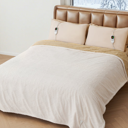 MARNUR Electric Heated Blanket King Size, Jacquard Faux Fur & Sherpa, Dual Controllers, 10H Timer, 10 Heat Levels, Machine Washable, 90"x100", White