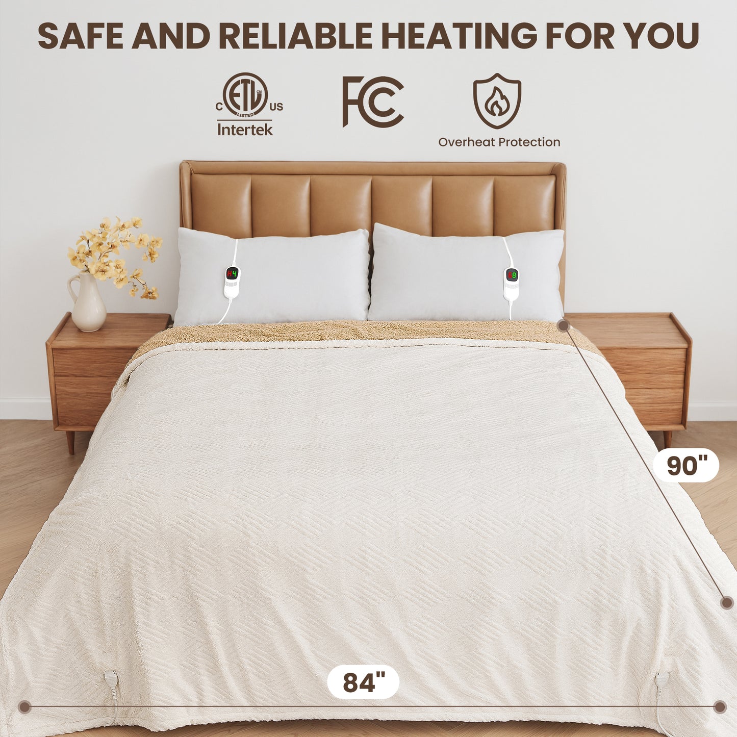 MARNUR Heated Blanket Queen Size Electric Blanket with Dual Controllers, White Jacquard Faux Fur and Sherpa, 10H Timer & 10 Heat Levels, Machine Washable, 84"x 90"