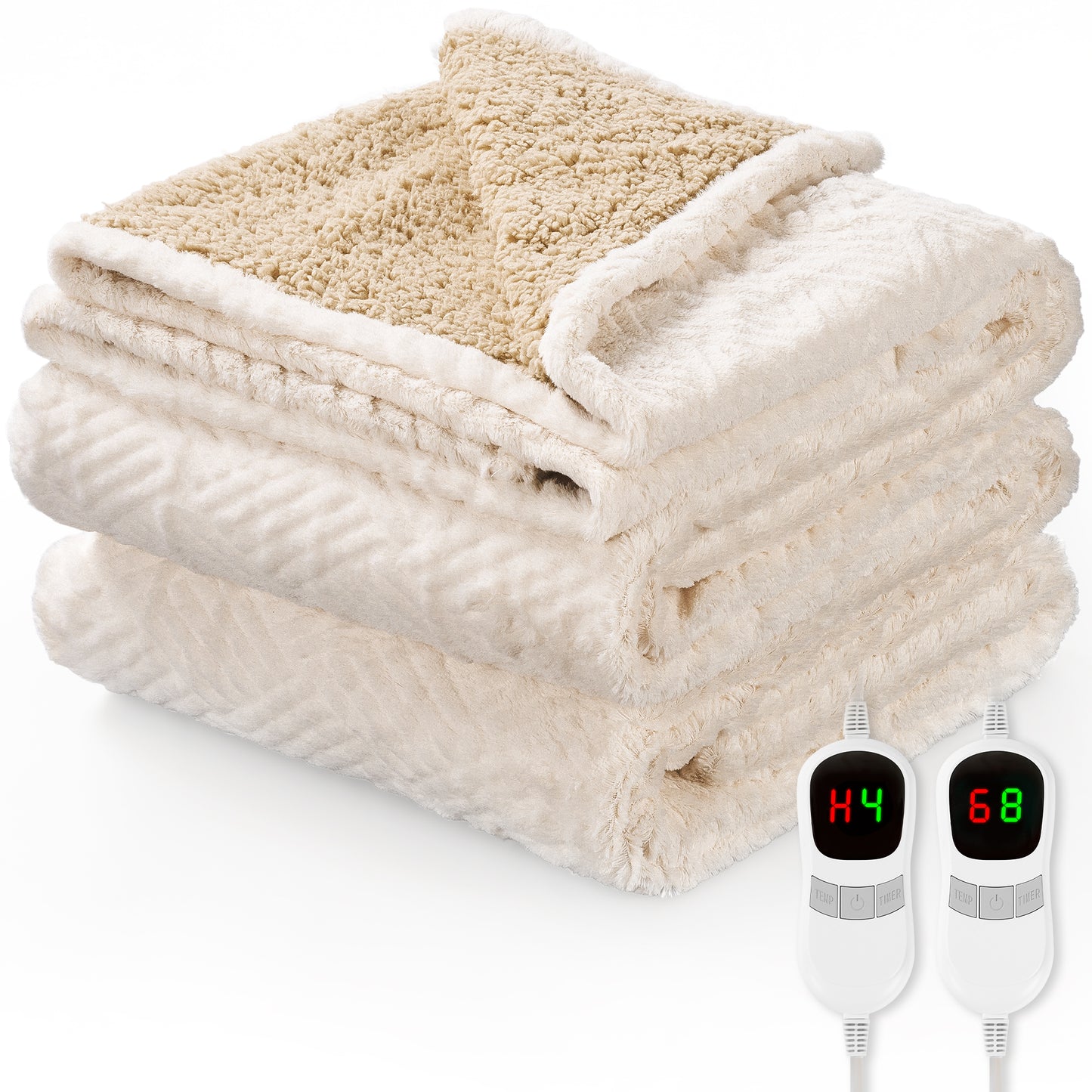 MARNUR Heated Blanket Queen Size Electric Blanket with Dual Controllers, White Jacquard Faux Fur and Sherpa, 10H Timer & 10 Heat Levels, Machine Washable, 84"x 90"