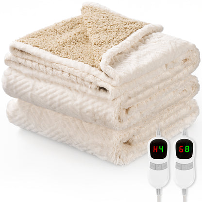 MARNUR Heated Blanket Queen Size Electric Blanket with Dual Controllers, White Jacquard Faux Fur and Sherpa, 10H Timer & 10 Heat Levels, Machine Washable, 84"x 90"