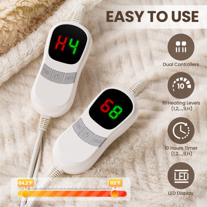 MARNUR Heated Blanket Queen Size Electric Blanket with Dual Controllers, White Jacquard Faux Fur and Sherpa, 10H Timer & 10 Heat Levels, Machine Washable, 84"x 90"