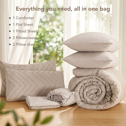MARNUR Comforter Set Twin XL, 7 Pieces Boho Tufted Bed in a Bag Prewashed Cotton-Like Soft Bedding Set with Comforter, Sheets, Pillowcases & Shams, Beige