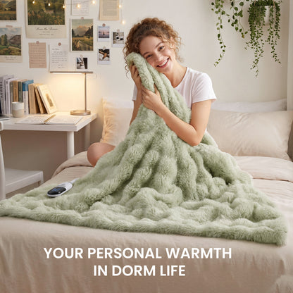 MARNUR Electric Throw Blanket 50"x60", Faux Fur Heated Throw, 6 Heating Levels, 4 Hours Timer - Green