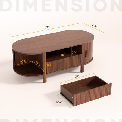 MARNUR Coffee Table with Storage and Tambour Sliding Door, Mid Century Modern Center Table with Drawer for Living Room, Walnut
