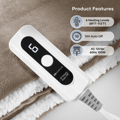 MARNUR Electric Blanket 72" x 84" Full Size Heated Blanket, Flannel & Shu Velvet, 6 Heating Levels, 10 Hours Timer, Linen