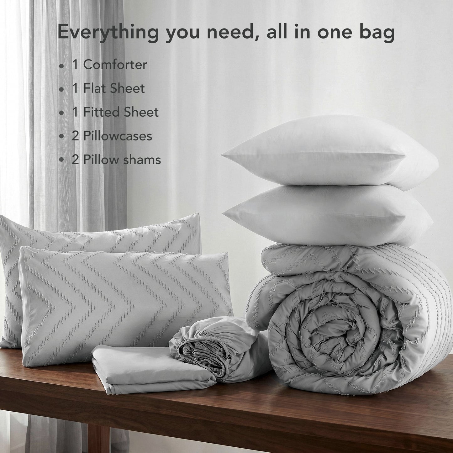 MARNUR Comforter Set Full Size, 7 Pieces Boho Tufted Bed in a Bag Prewashed Cotton-Like Soft Bedding Set with Comforter, Sheets, Pillowcases & Shams, Silver Grey