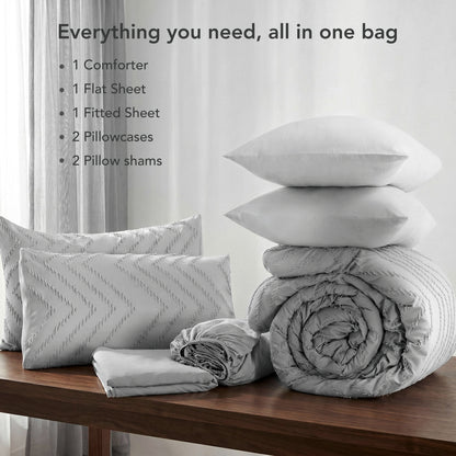 MARNUR Comforter Set Full Size, 7 Pieces Boho Tufted Bed in a Bag Prewashed Cotton-Like Soft Bedding Set with Comforter, Sheets, Pillowcases & Shams, Silver Grey