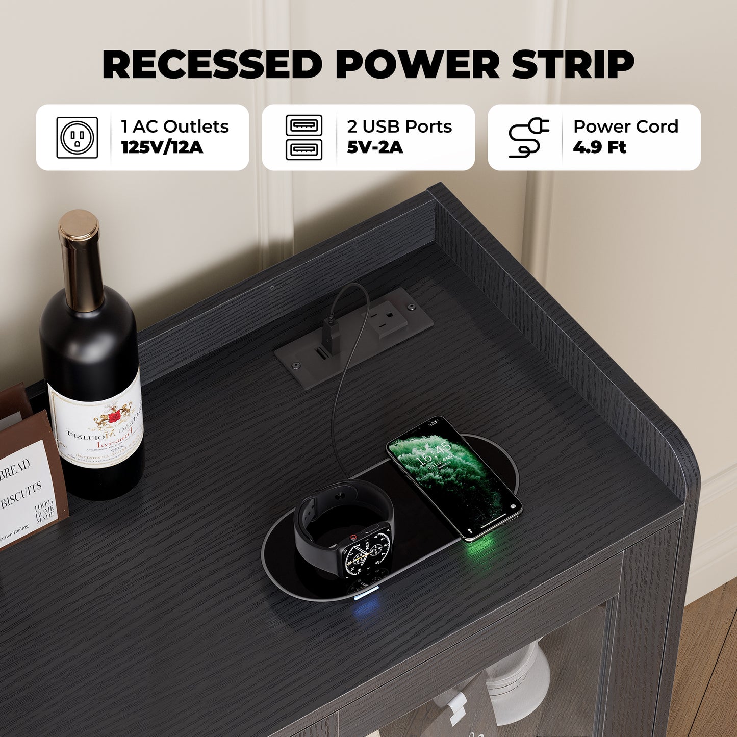 MARNUR Wine Bar Cabinet Buffet Sideboard Cabinet with Wine Rack, Power Outlets, LED Light, Black