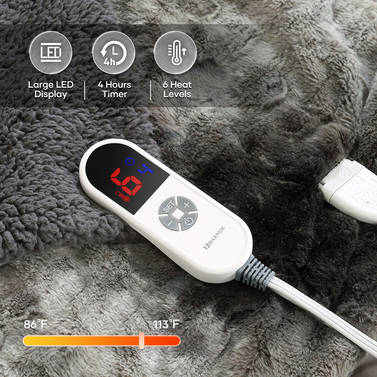 MARNUR Electric Throw Blanket 50" x 60", Soft Faux Fur Heated Blanket with Large LED Display, 6 Heating Levels, 4 Hours Timer, Machine Washable - Tie-dye Gray