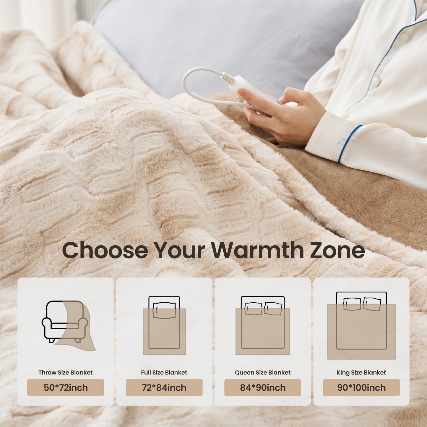 MARNUR Electric Heated Blanket Full Size, Faux Fur,10 Heating Levels, 10 Hours Timer, Machine Washable, 72"x84", Khaki