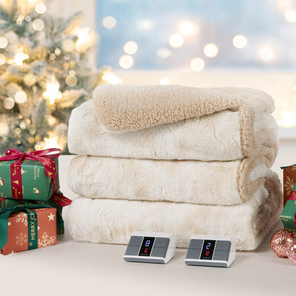MARNUR Heated Blanket Queen Size, Faux Fur & Sherpa, Dual Controllers, 10 Heat Levels, 10H Timer, 84" x 90", Tie-Dye Off White