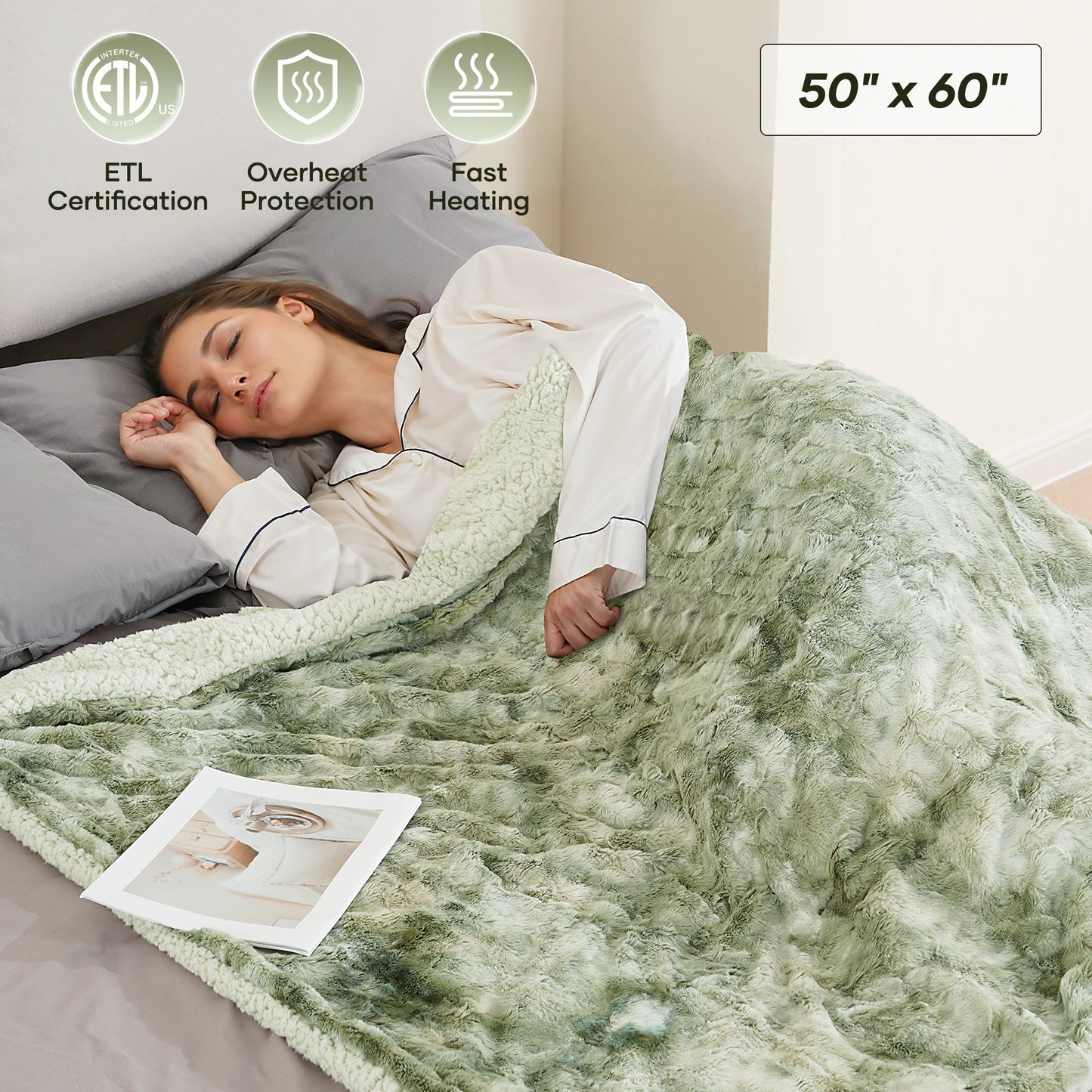 MARNUR Electric Throw Blanket 50" x 60", Soft Faux Fur Heated Blanket with Large LED Display, 6 Heating Levels, 4 Hours Timer, Machine Washable - Tie-dye Green